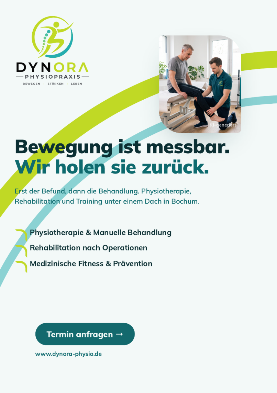 Flyer B Vorderseite: heller Grund mit großem Bewegungsbogen und Slogan