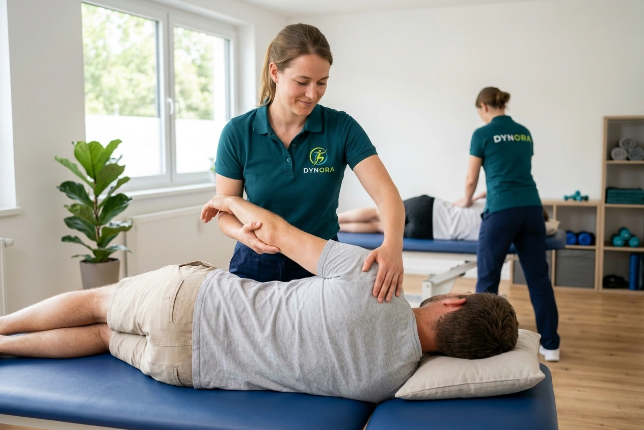 Therapeutin bewegt den Arm eines seitlich liegenden Patienten und stabilisiert dabei sein Schulterblatt. KI-generiertes Bild.