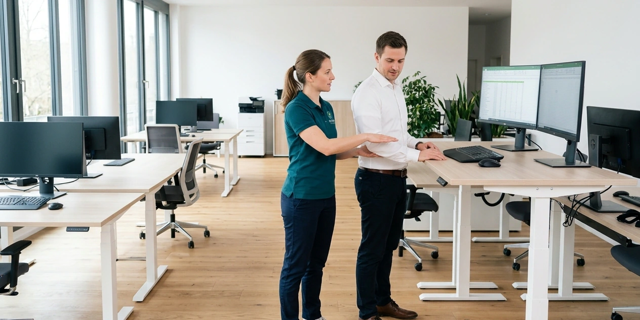 Physiotherapeut zeigt einer Mitarbeiterin die richtige Höhe ihres Stehschreibtischs. KI-generiertes Bild.