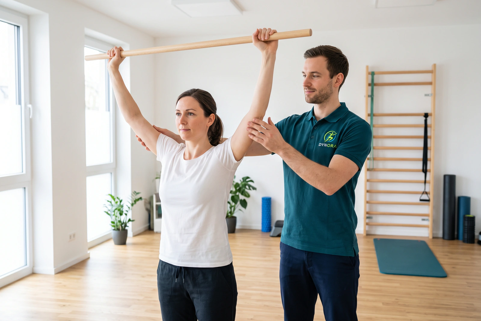 Therapeut führt die Arme einer Patientin bei einer Übung mit dem Therapiestab über den Kopf. KI-generiertes Bild.