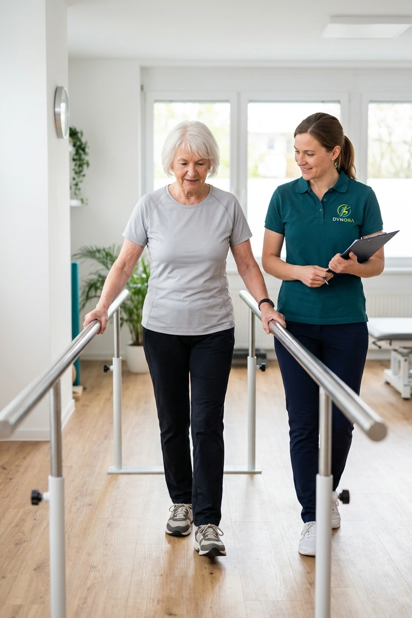 Therapeutin begleitet eine Patientin beim Gehtraining zwischen zwei Haltestangen. KI-generiertes Bild.