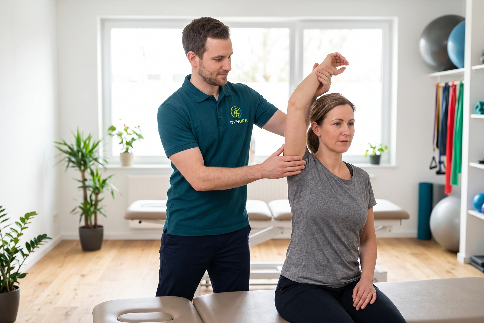 Physiotherapeut im Dynora-Shirt führt den Arm einer Patientin und stabilisiert ihr Schulterblatt. KI-generiertes Bild.
