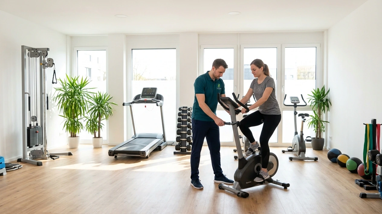 Trainingsraum mit Laufband, Ergometer und Hanteln, eine Therapeutin stellt das Rad für eine Patientin ein. KI-generiertes Bild.