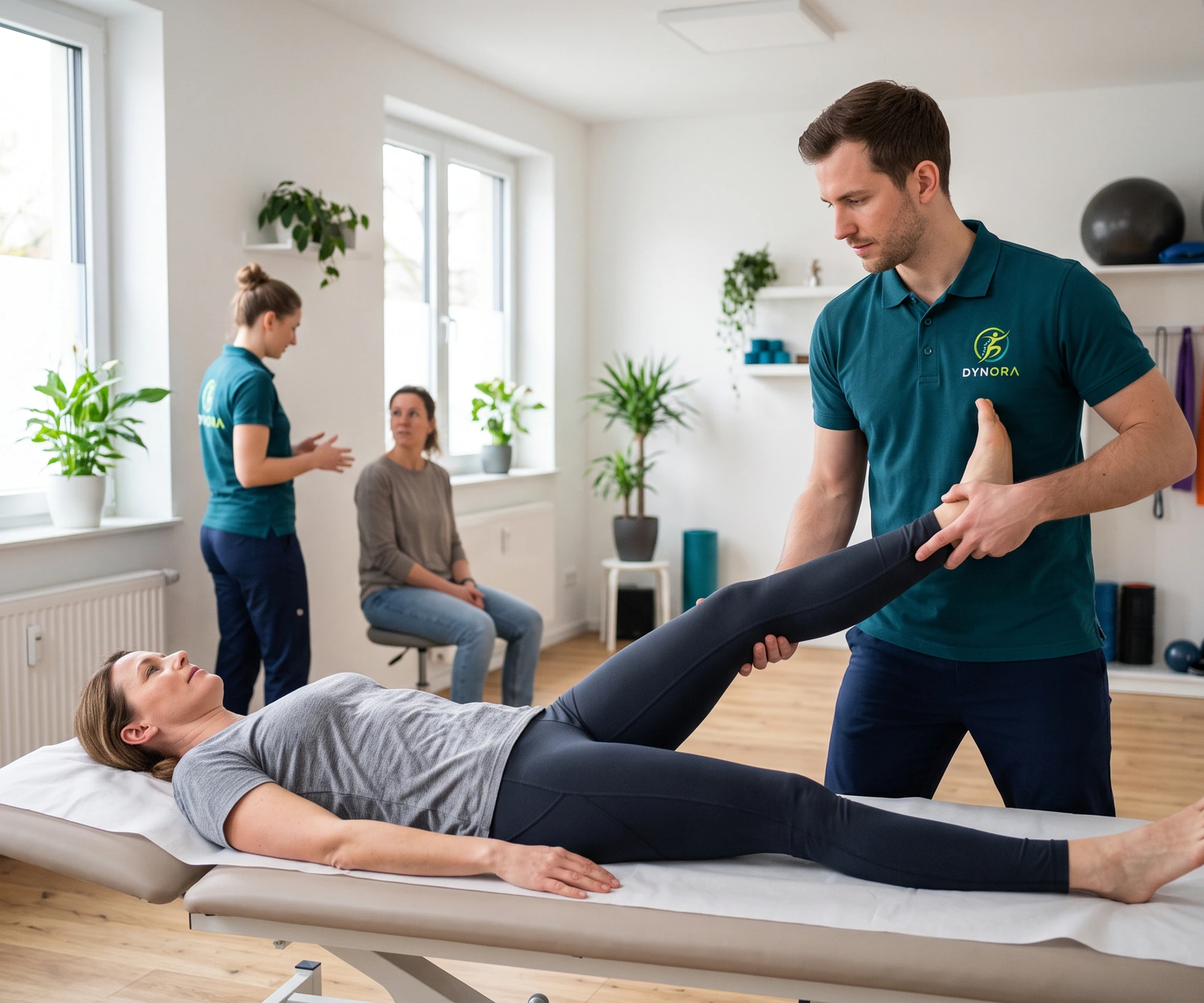 Therapeut hebt das gestreckte Bein einer liegenden Patientin zur Dehnung an. KI-generiertes Bild.