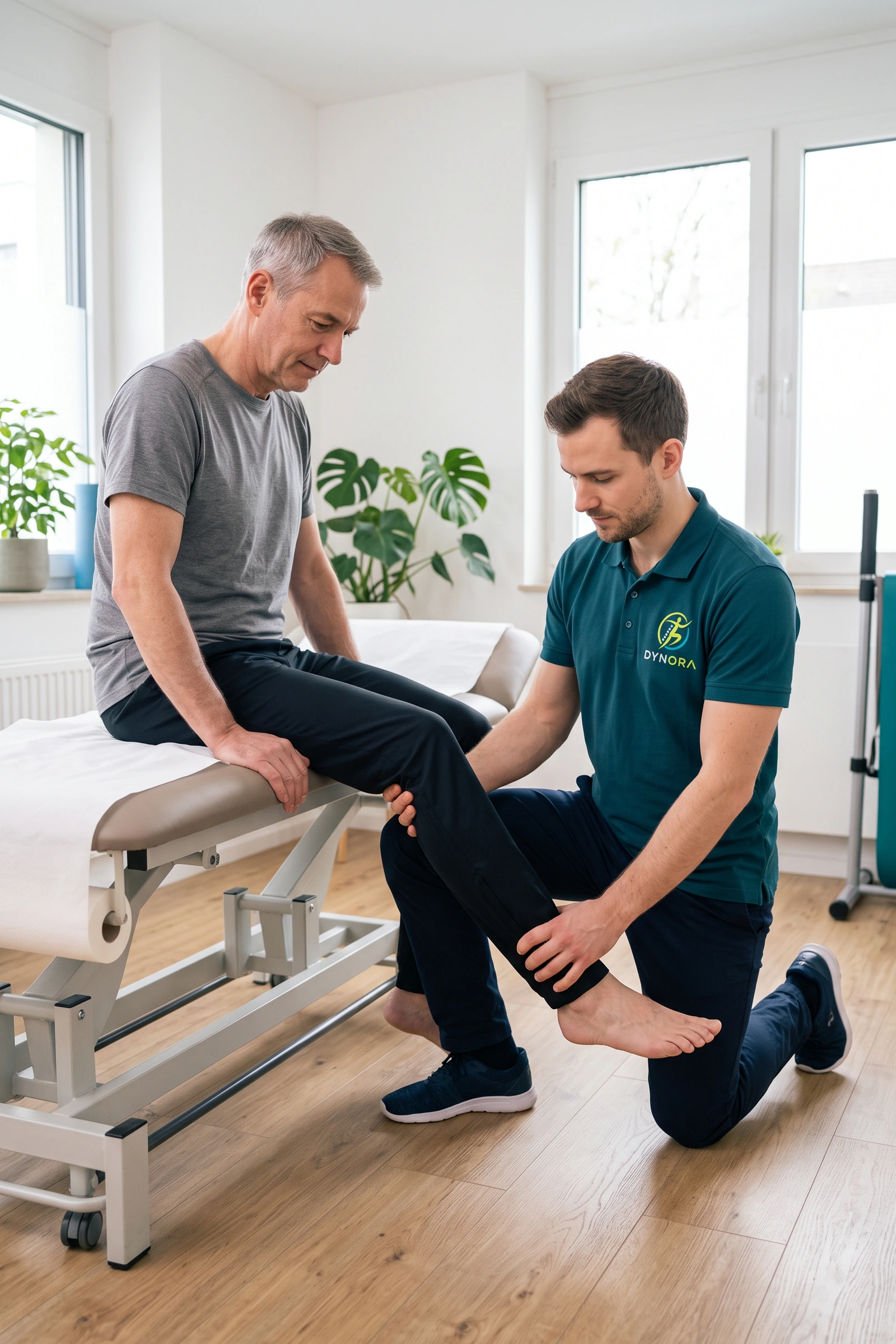 Physiotherapeut prüft die Streckung im Knie eines Patienten, der auf der Behandlungsliege sitzt. KI-generiertes Bild.