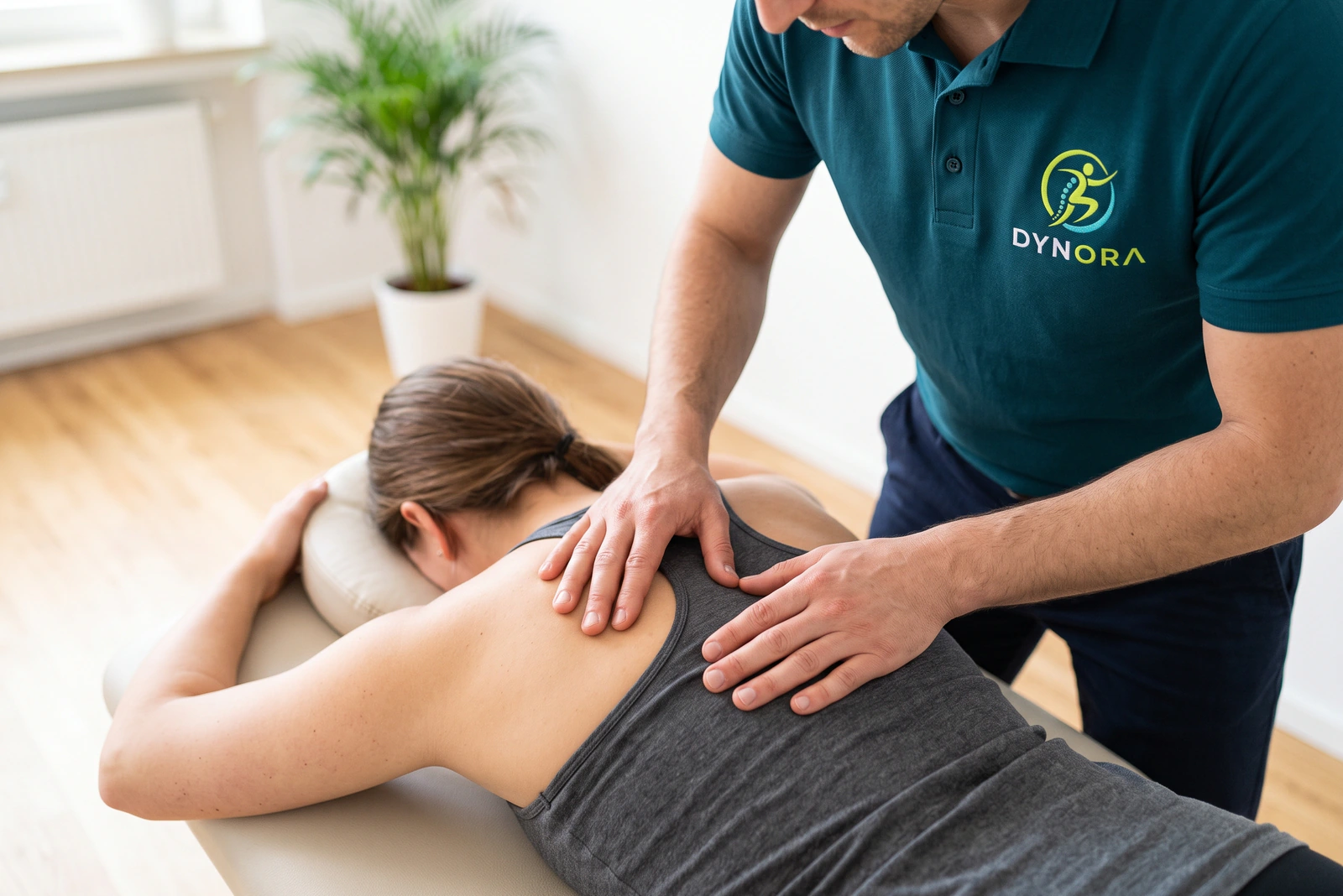 Die Hände eines Therapeuten arbeiten mit gezieltem Druck am oberen Rücken einer liegenden Patientin. KI-generiertes Bild.
