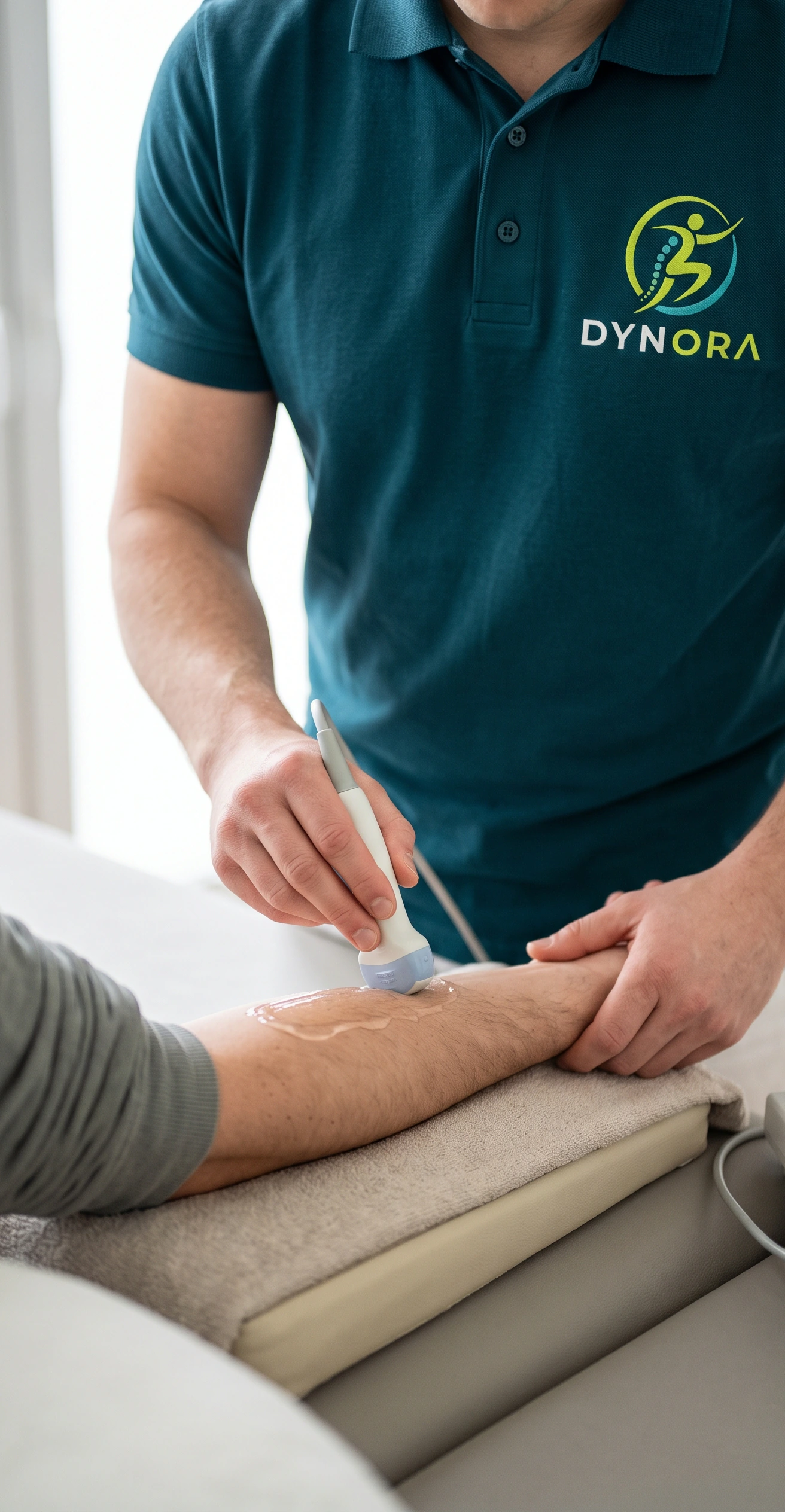 Ultraschallkopf wird am Unterarm eines Patienten angesetzt. KI-generiertes Bild.