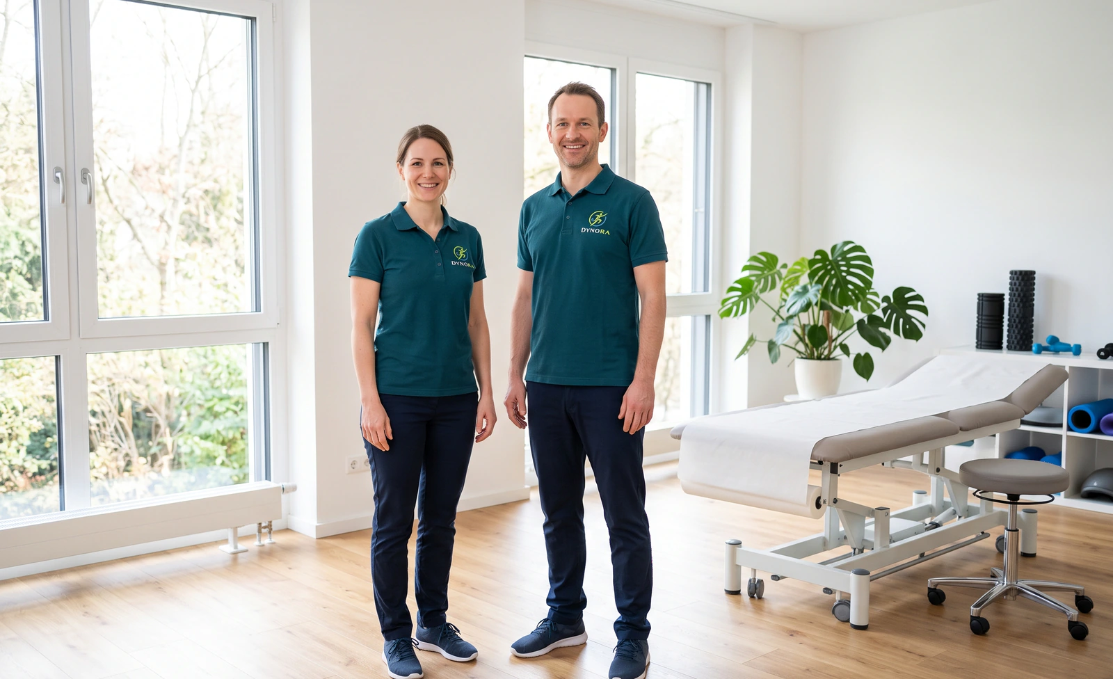 Zwei Physiotherapeuten der Praxis im Dynora-Shirt in einem hellen Behandlungsraum. KI-generiertes Bild.